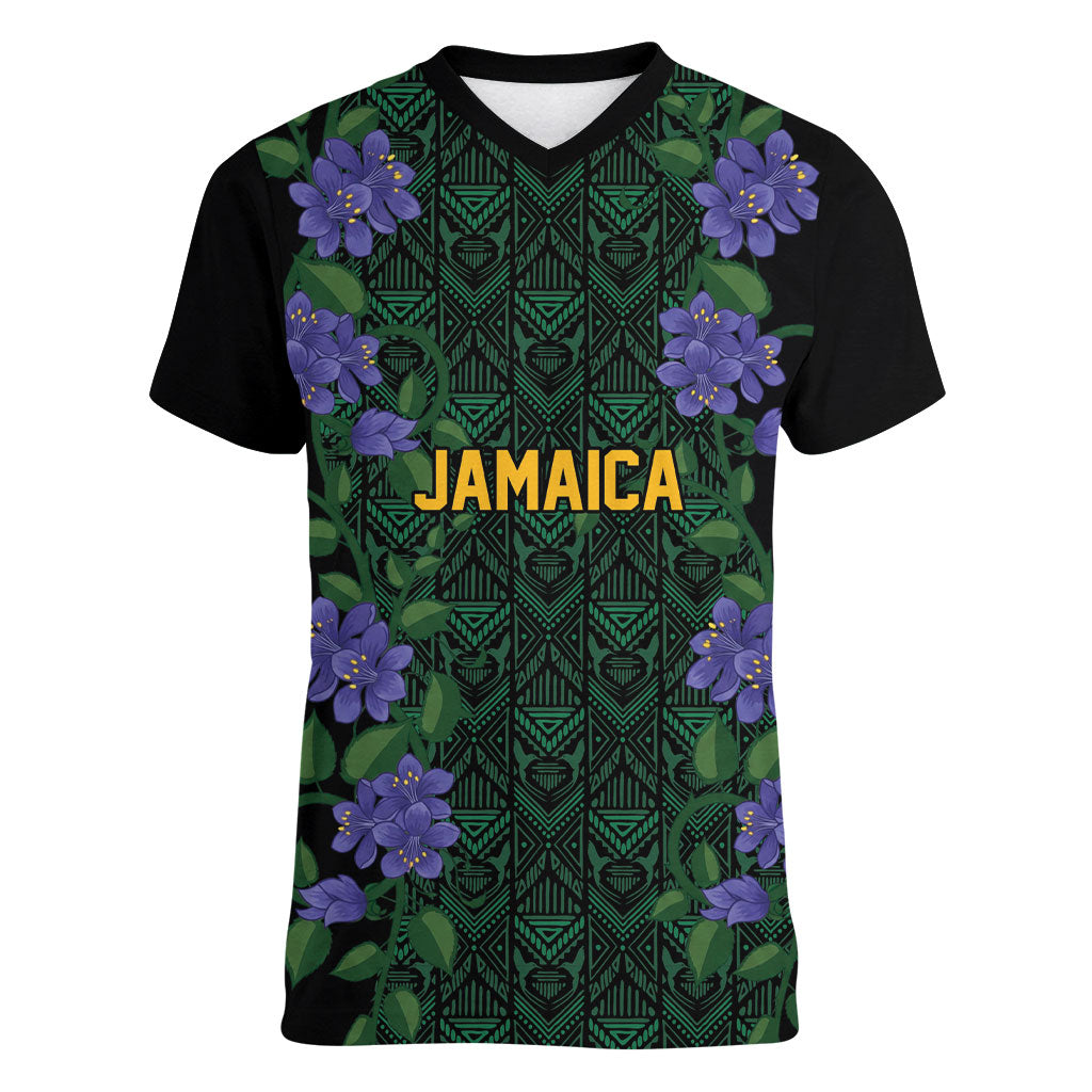 Custom Women’s Cricket Jamaica Floral Series Women V-Neck T-Shirt Lignum Vitae Hummingbirds Geometric Ethnic