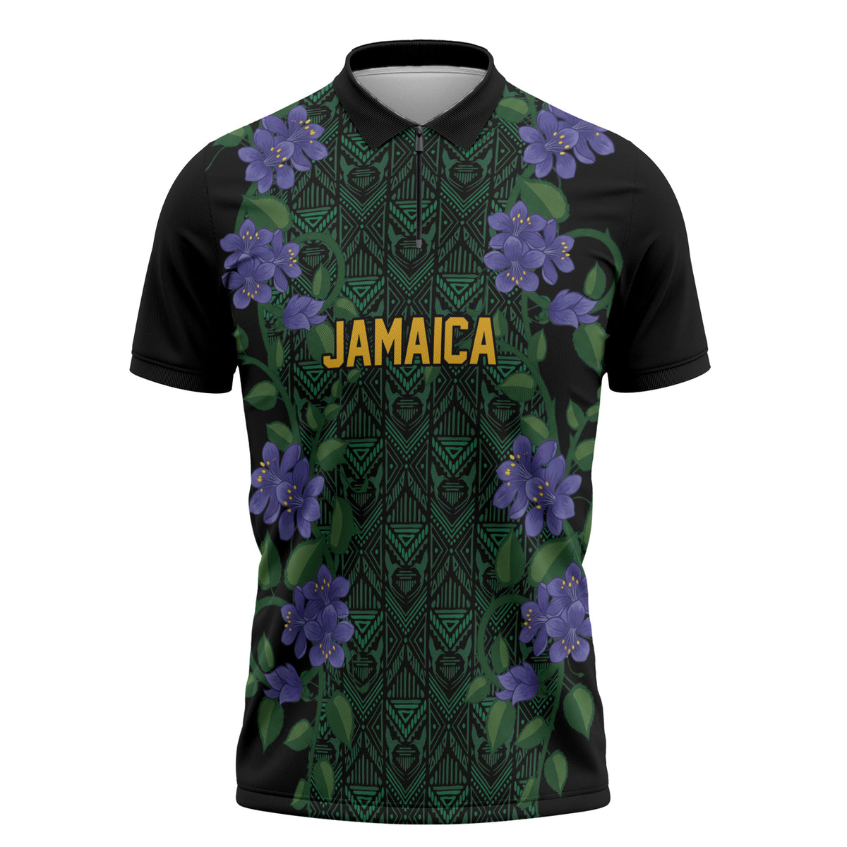 Custom Women’s Cricket Jamaica Floral Series Zipper Polo Shirt Lignum Vitae Hummingbirds Geometric Ethnic