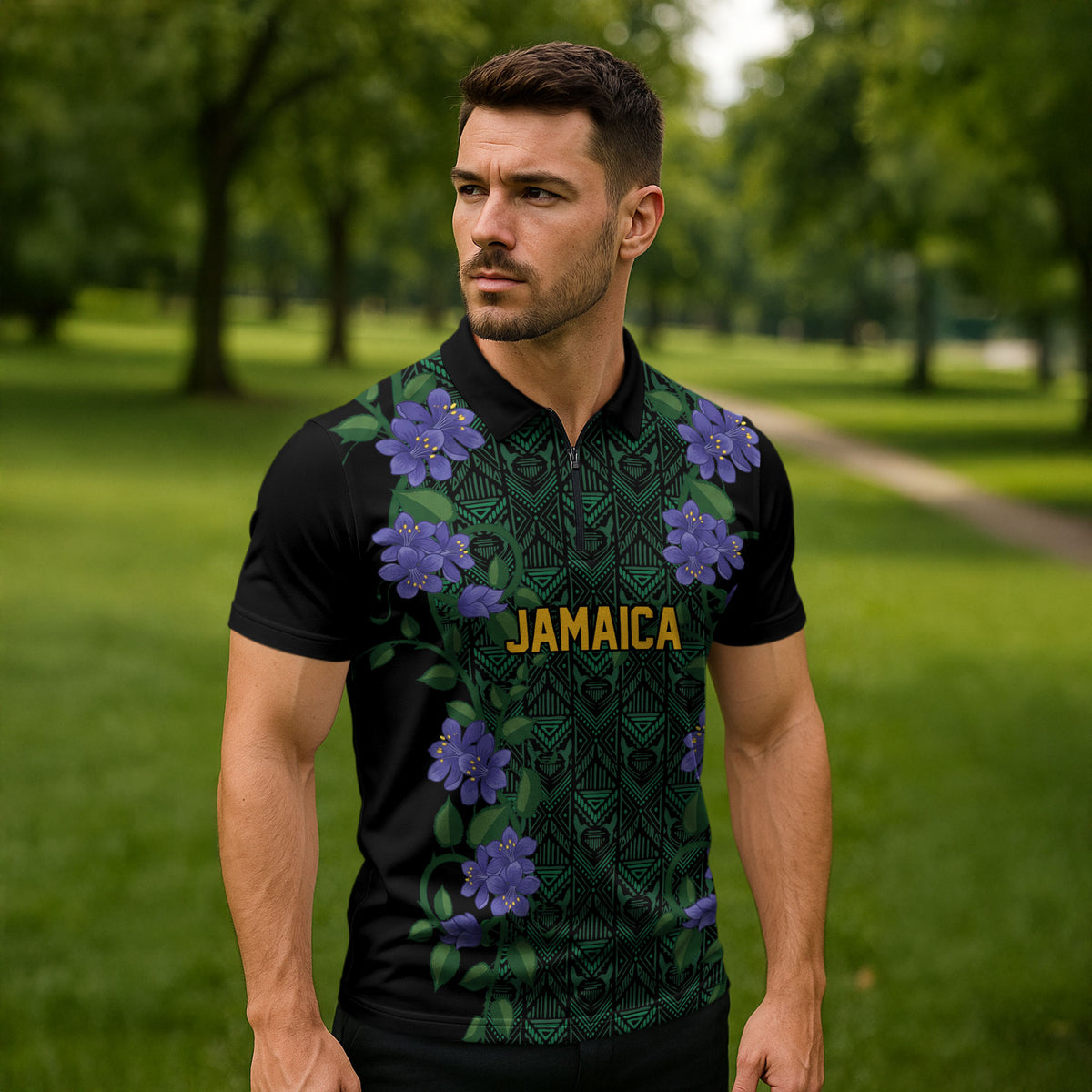 Custom Women’s Cricket Jamaica Floral Series Zipper Polo Shirt Lignum Vitae Hummingbirds Geometric Ethnic