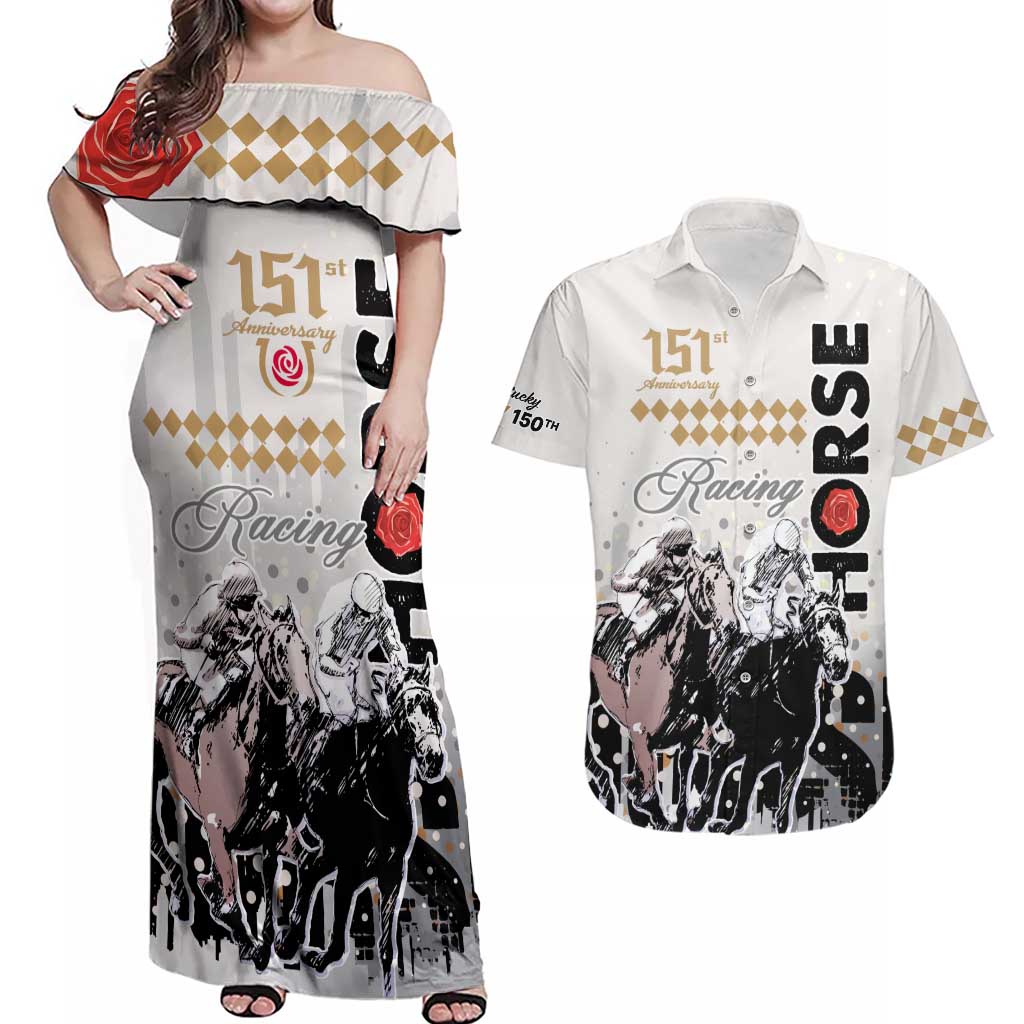 Kentucky Horse Racing Couples Matching Off Shoulder Maxi Dress and Hawaiian Shirt 151st Anniversary The Run For The Roses LT9
