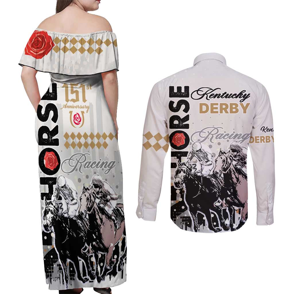 Kentucky Horse Racing Couples Matching Off Shoulder Maxi Dress and Long Sleeve Button Shirts 151st Anniversary The Run For The Roses LT9