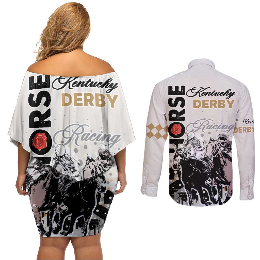 Kentucky Horse Racing Couples Matching Off Shoulder Short Dress and Long Sleeve Button Shirts 151st Anniversary The Run For The Roses LT9