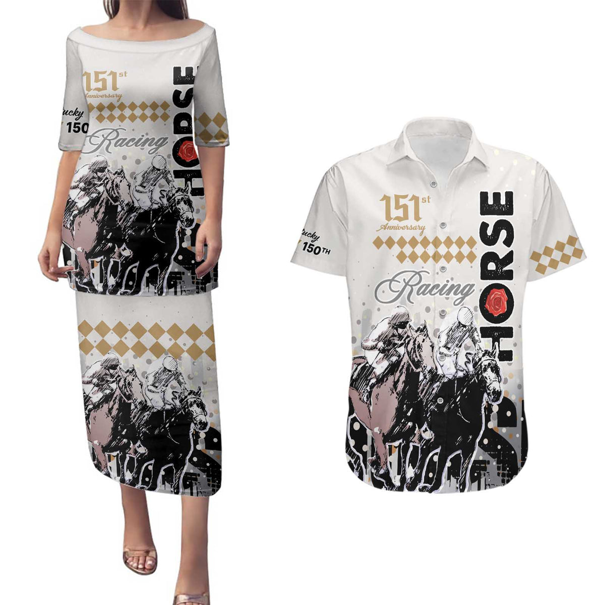 Kentucky Horse Racing Couples Matching Puletasi Dress and Hawaiian Shirt 151st Anniversary The Run For The Roses LT9