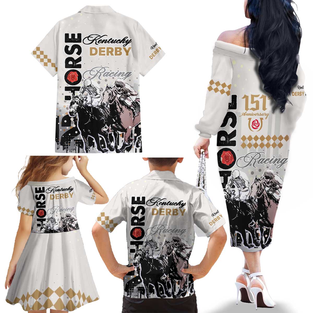 Kentucky Horse Racing Family Matching Off Shoulder Long Sleeve Dress and Hawaiian Shirt 151st Anniversary The Run For The Roses LT9