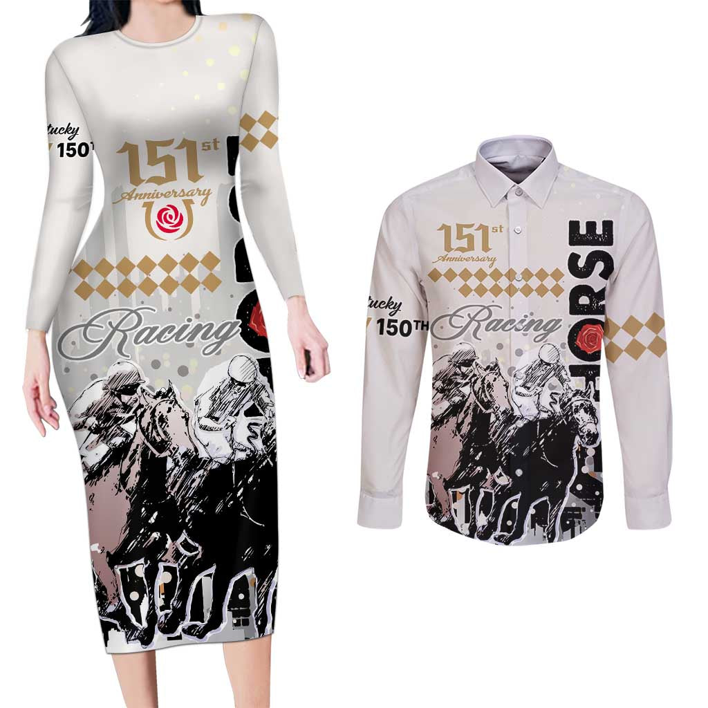 Personalised Kentucky Horse Racing Couples Matching Long Sleeve Bodycon Dress and Long Sleeve Button Shirts 151st Anniversary The Run For The Roses LT9