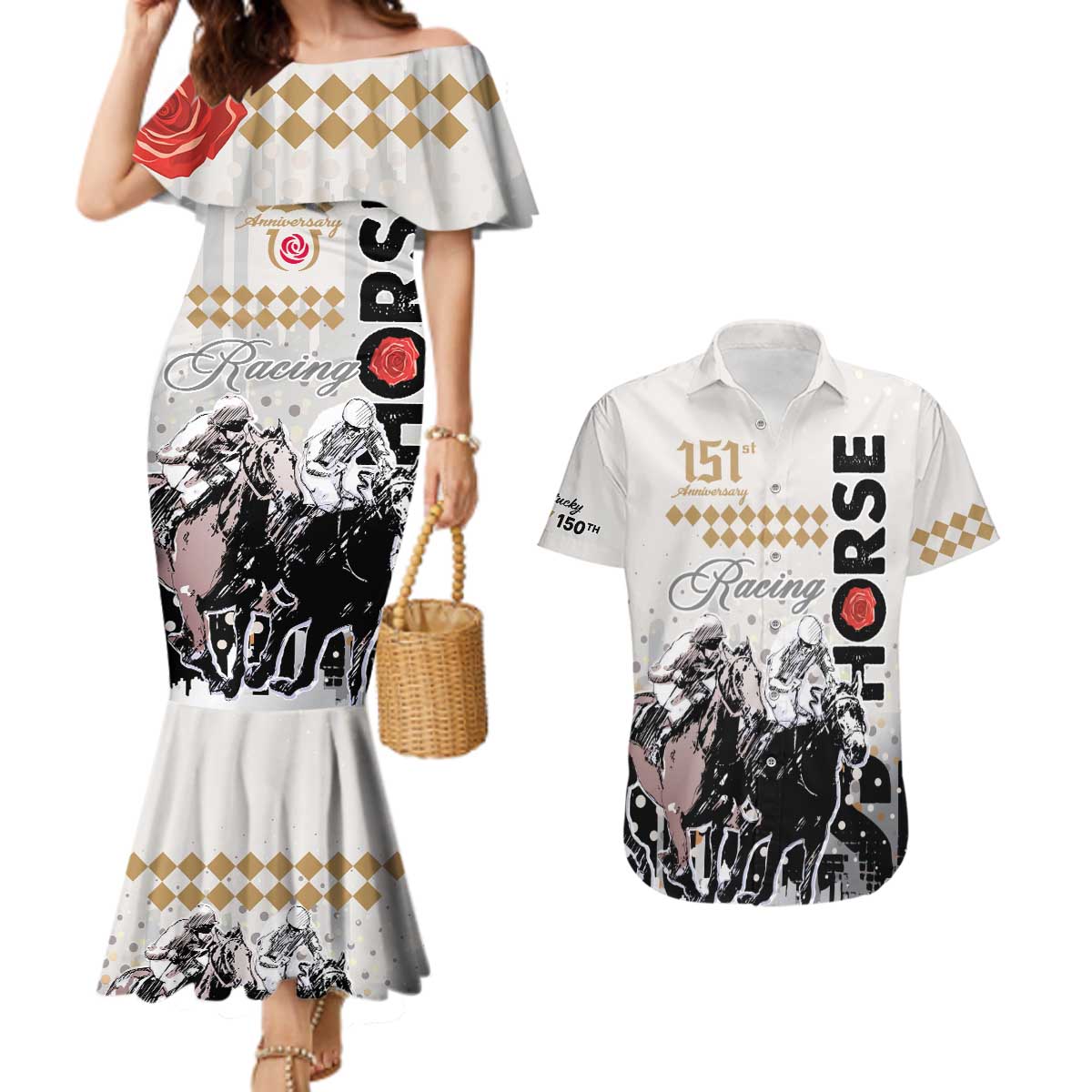 Personalised Kentucky Horse Racing Couples Matching Mermaid Dress and Hawaiian Shirt 151st Anniversary The Run For The Roses LT9