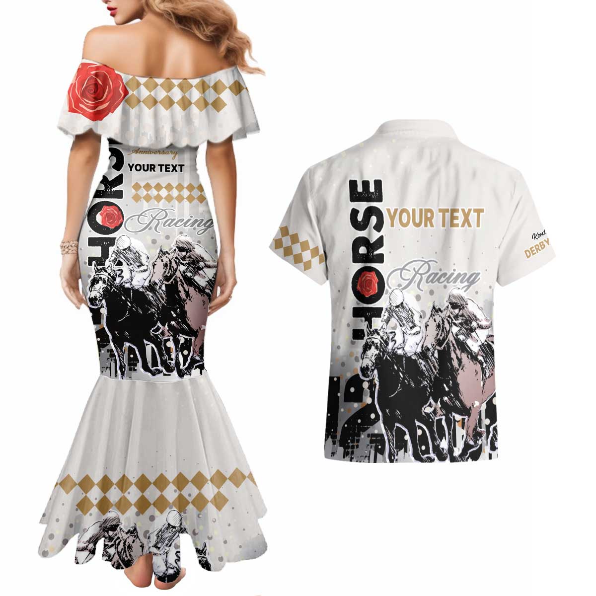 Personalised Kentucky Horse Racing Couples Matching Mermaid Dress and Hawaiian Shirt 151st Anniversary The Run For The Roses LT9