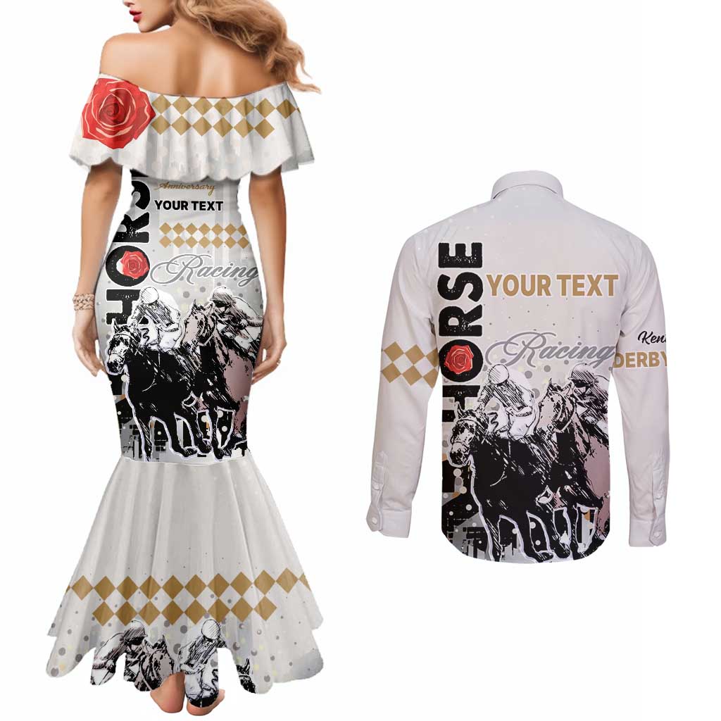 Personalised Kentucky Horse Racing Couples Matching Mermaid Dress and Long Sleeve Button Shirts 151st Anniversary The Run For The Roses LT9