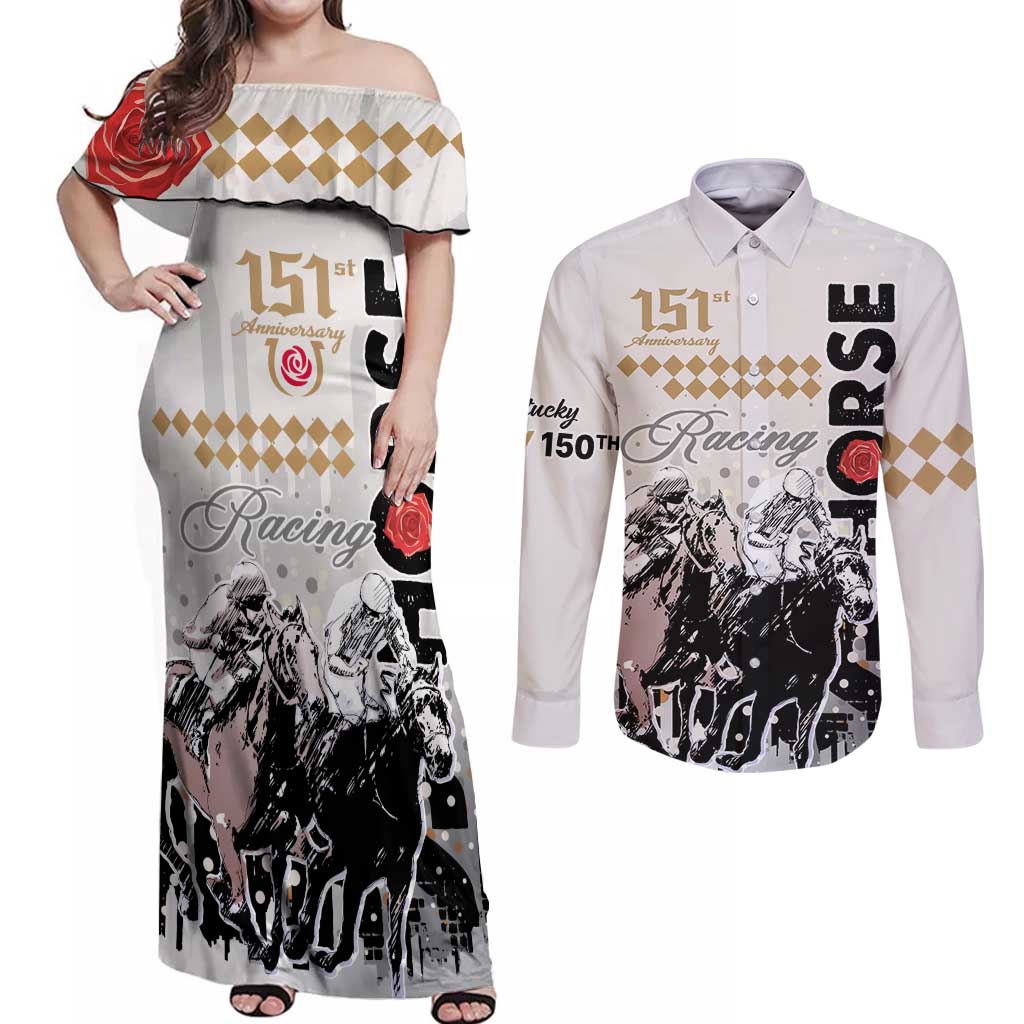 Personalised Kentucky Horse Racing Couples Matching Off Shoulder Maxi Dress and Long Sleeve Button Shirts 151st Anniversary The Run For The Roses LT9