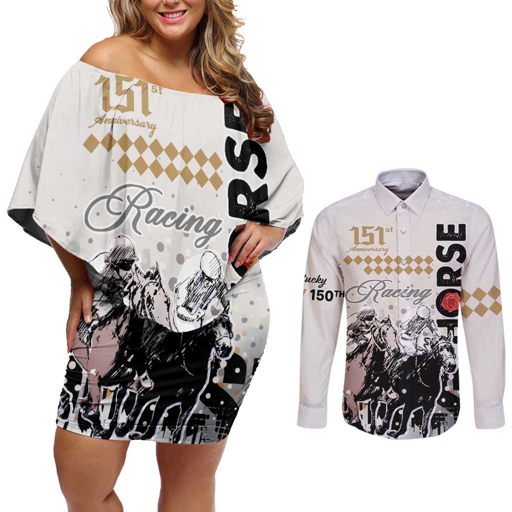 Personalised Kentucky Horse Racing Couples Matching Off Shoulder Short Dress and Long Sleeve Button Shirts 151st Anniversary The Run For The Roses LT9
