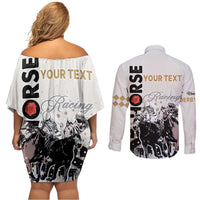 Personalised Kentucky Horse Racing Couples Matching Off Shoulder Short Dress and Long Sleeve Button Shirts 151st Anniversary The Run For The Roses LT9