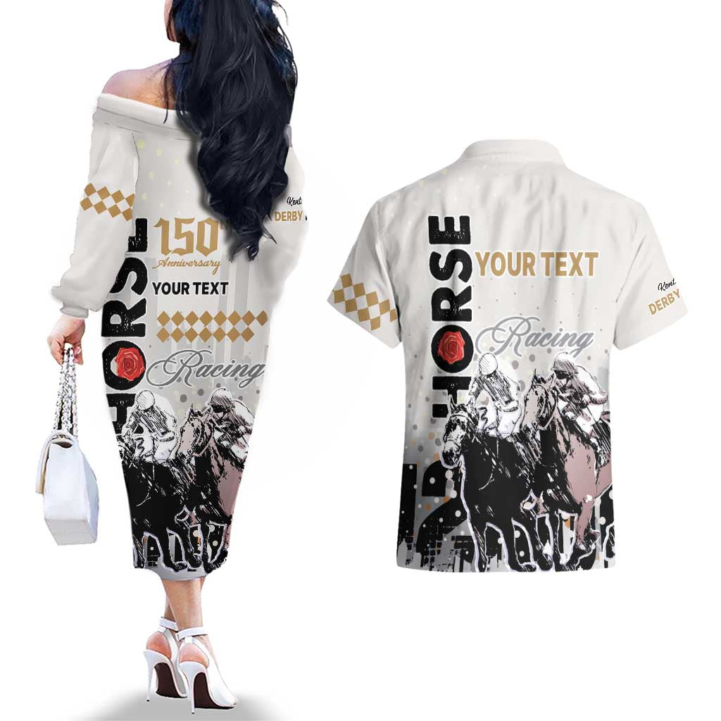 Personalised Kentucky Horse Racing Couples Matching Off The Shoulder Long Sleeve Dress and Hawaiian Shirt 151st Anniversary The Run For The Roses LT9