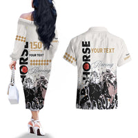 Personalised Kentucky Horse Racing Couples Matching Off The Shoulder Long Sleeve Dress and Hawaiian Shirt 151st Anniversary The Run For The Roses LT9