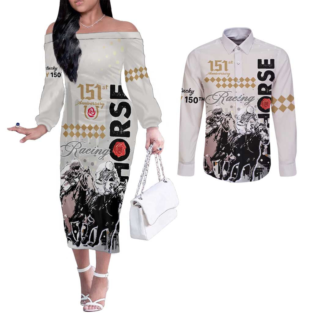 Personalised Kentucky Horse Racing Couples Matching Off The Shoulder Long Sleeve Dress and Long Sleeve Button Shirts 151st Anniversary The Run For The Roses LT9