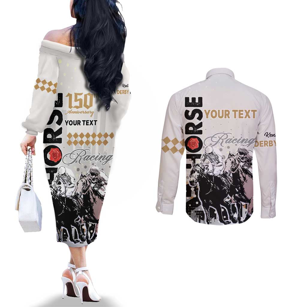 Personalised Kentucky Horse Racing Couples Matching Off The Shoulder Long Sleeve Dress and Long Sleeve Button Shirts 151st Anniversary The Run For The Roses LT9