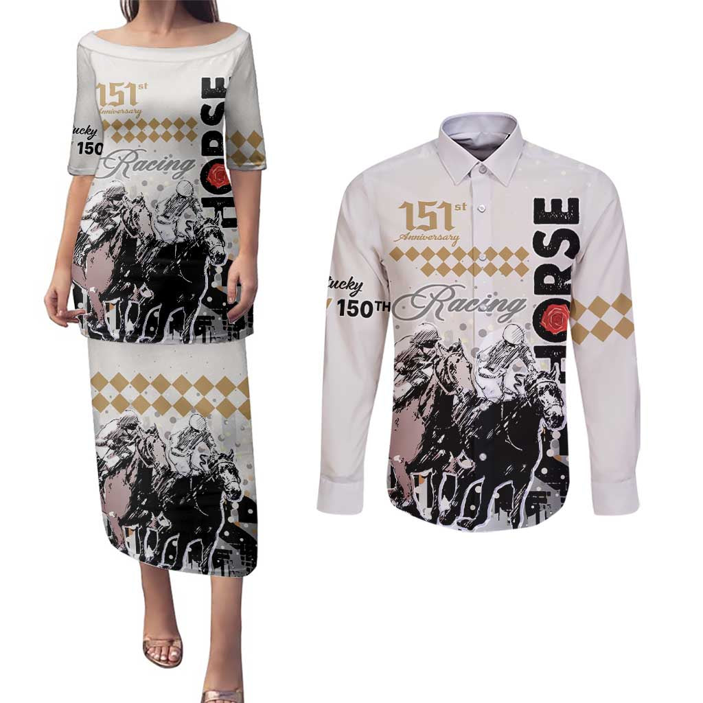 Personalised Kentucky Horse Racing Couples Matching Puletasi Dress and Long Sleeve Button Shirts 151st Anniversary The Run For The Roses LT9