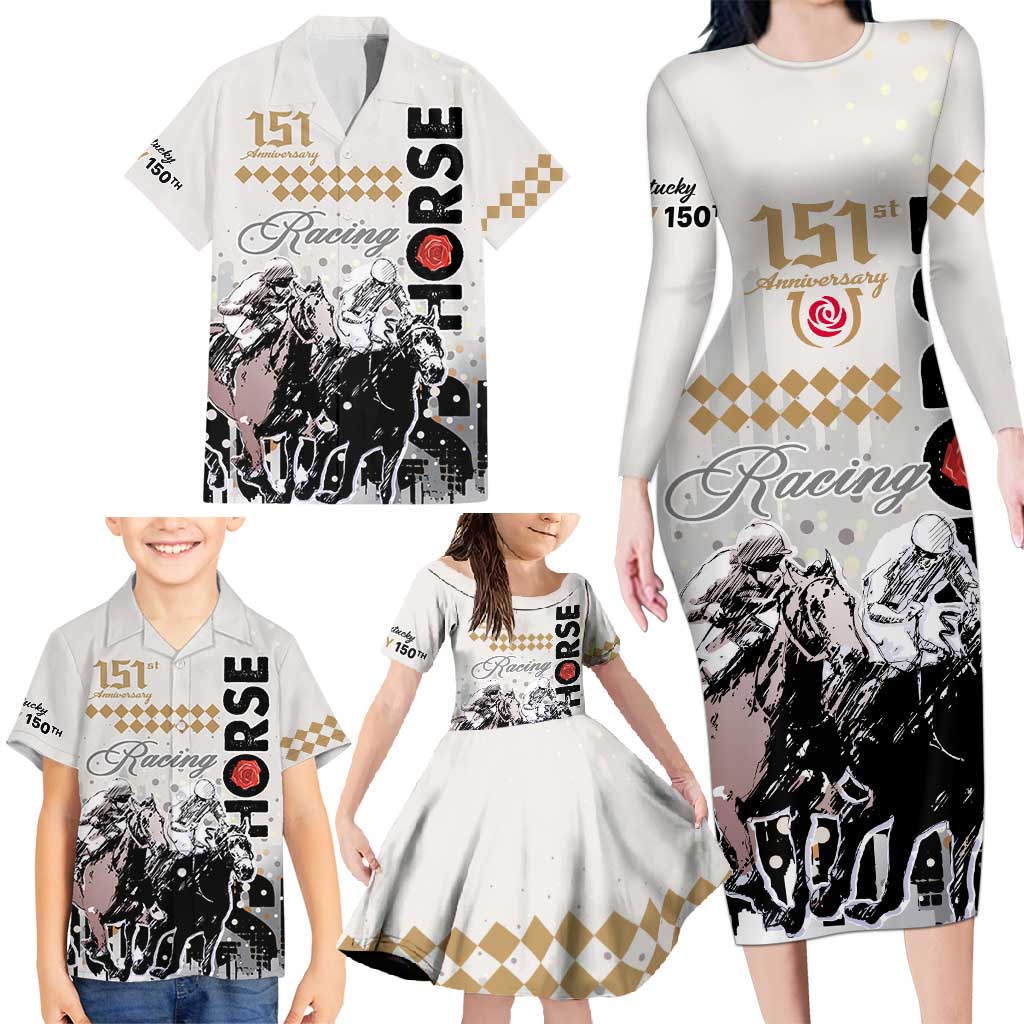 Personalised Kentucky Horse Racing Family Matching Long Sleeve Bodycon Dress and Hawaiian Shirt 151st Anniversary The Run For The Roses LT9