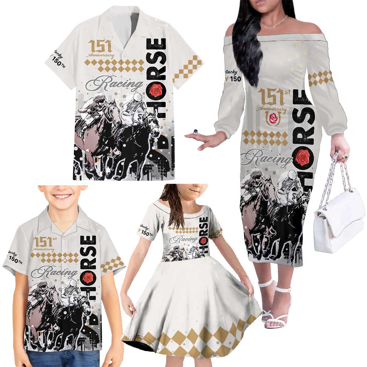 Personalised Kentucky Horse Racing Family Matching Off Shoulder Long Sleeve Dress and Hawaiian Shirt 151st Anniversary The Run For The Roses LT9