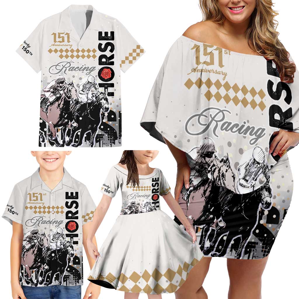 Personalised Kentucky Horse Racing Family Matching Off Shoulder Short Dress and Hawaiian Shirt 151st Anniversary The Run For The Roses LT9