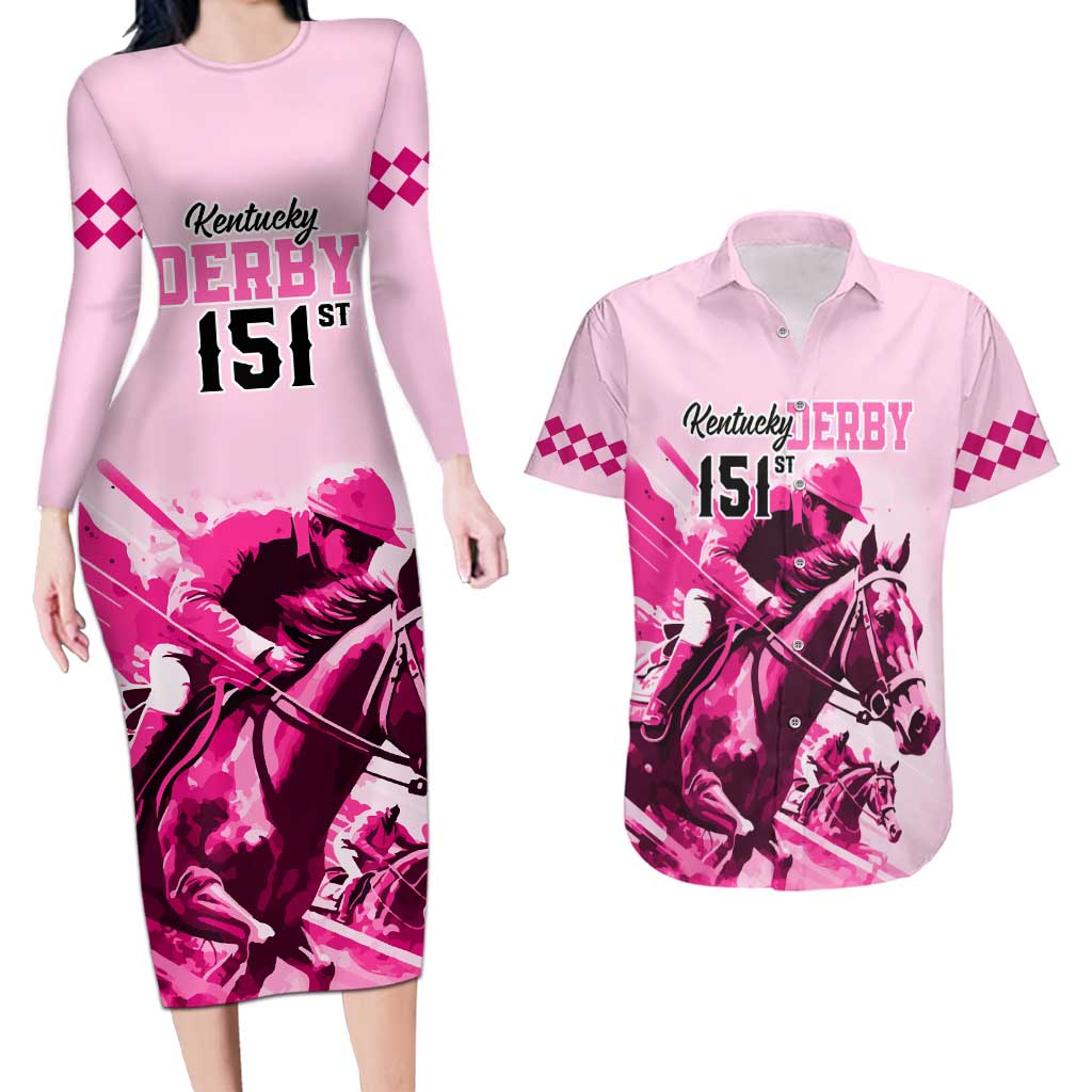 Kentucky Horse Racing Couples Matching Long Sleeve Bodycon Dress and Hawaiian Shirt 151st Anniversary Sporting Art Pink Version LT9