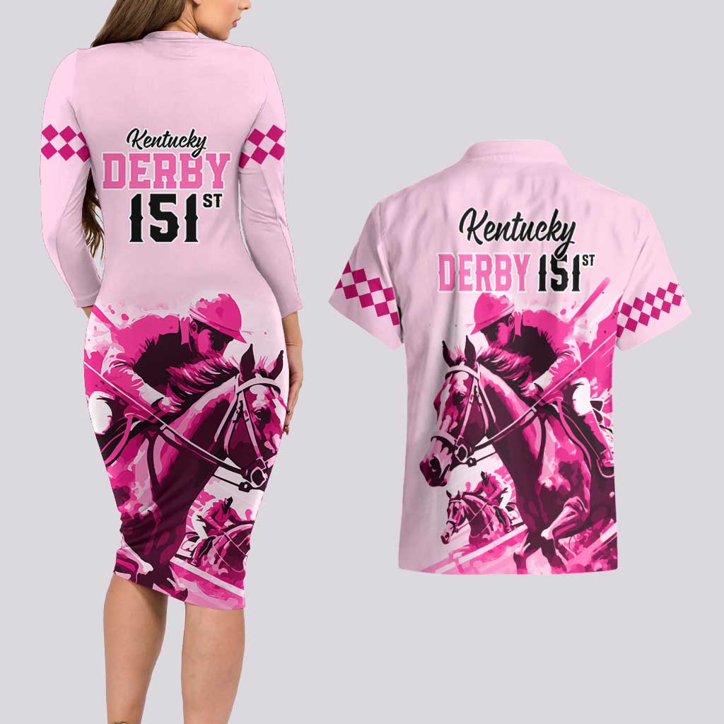 Kentucky Horse Racing Couples Matching Long Sleeve Bodycon Dress and Hawaiian Shirt 151st Anniversary Sporting Art Pink Version LT9