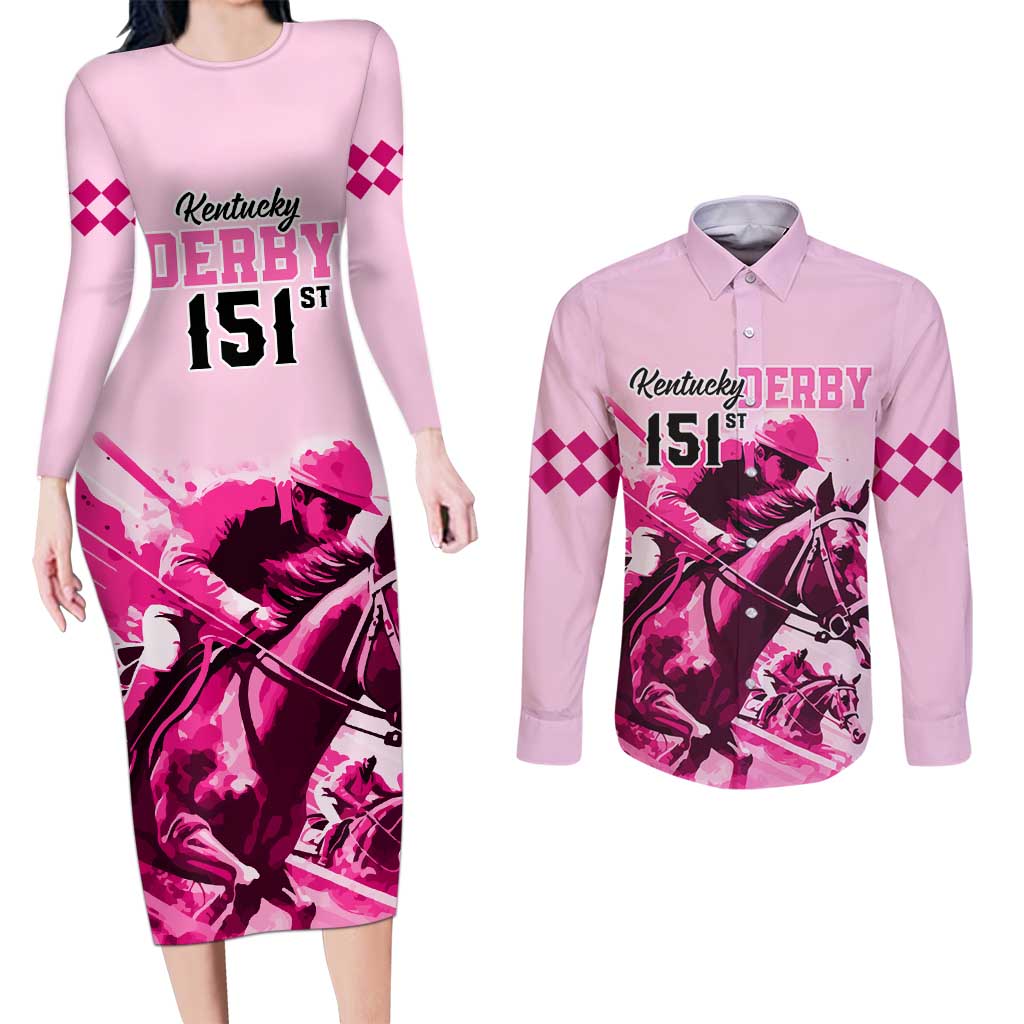 Kentucky Horse Racing Couples Matching Long Sleeve Bodycon Dress and Long Sleeve Button Shirts 151st Anniversary Sporting Art Pink Version LT9