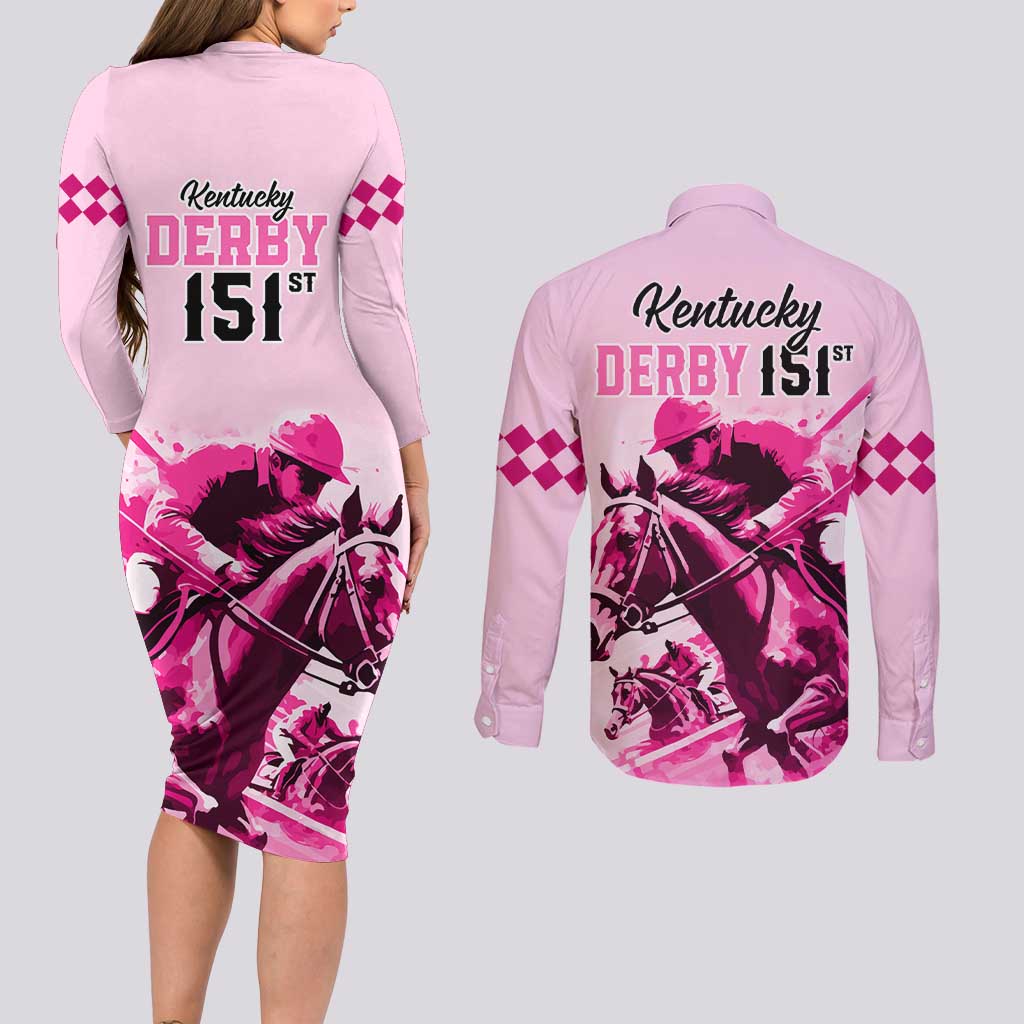 Kentucky Horse Racing Couples Matching Long Sleeve Bodycon Dress and Long Sleeve Button Shirts 151st Anniversary Sporting Art Pink Version LT9