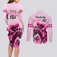 Kentucky Horse Racing Couples Matching Long Sleeve Bodycon Dress and Long Sleeve Button Shirts 151st Anniversary Sporting Art Pink Version LT9