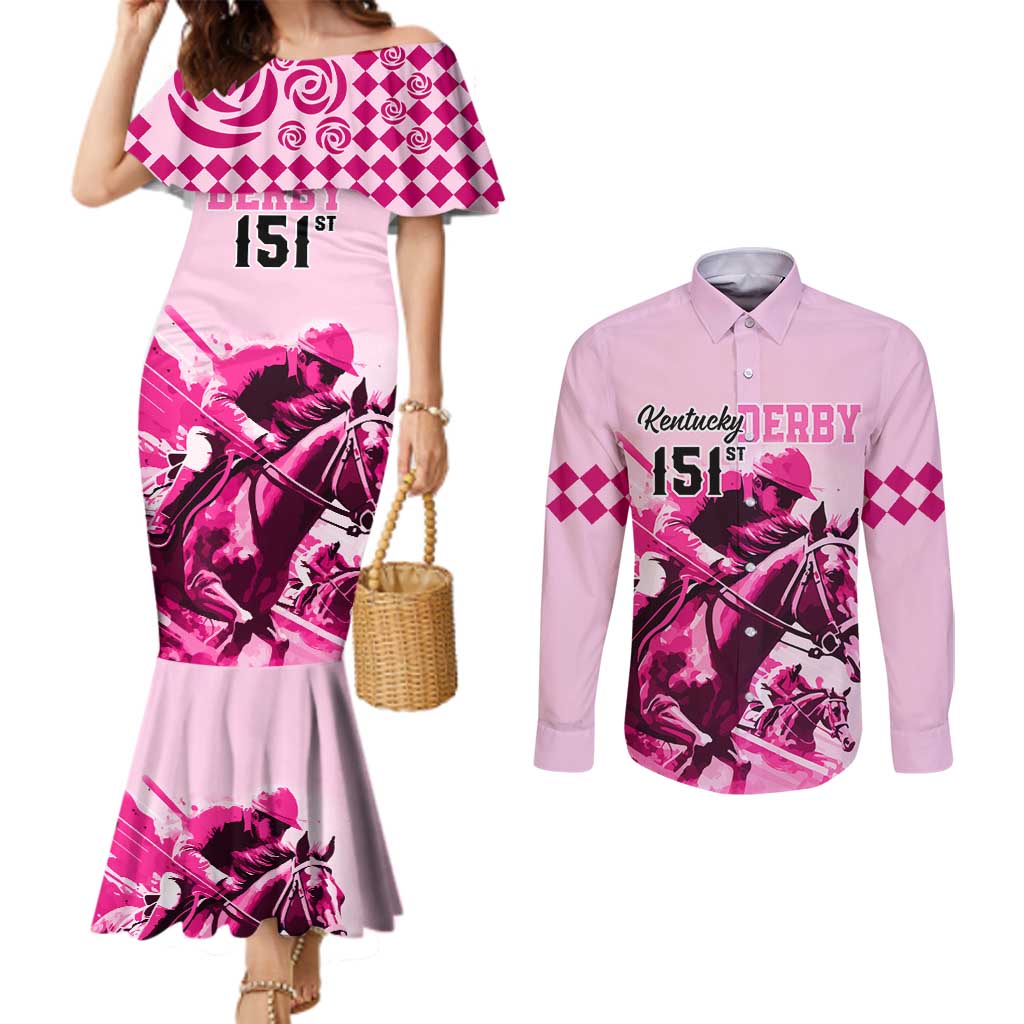 Kentucky Horse Racing Couples Matching Mermaid Dress and Long Sleeve Button Shirts 151st Anniversary Sporting Art Pink Version LT9