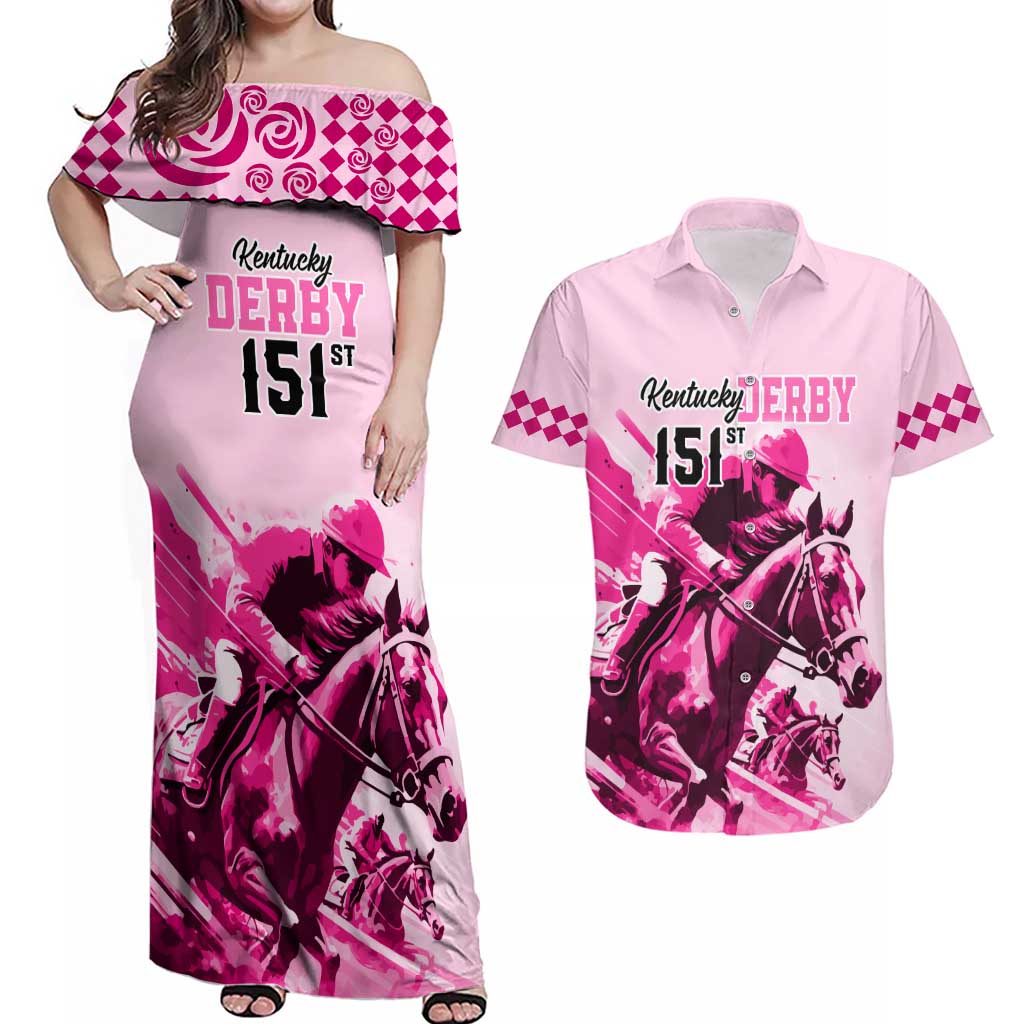 Kentucky Horse Racing Couples Matching Off Shoulder Maxi Dress and Hawaiian Shirt 151st Anniversary Sporting Art Pink Version LT9