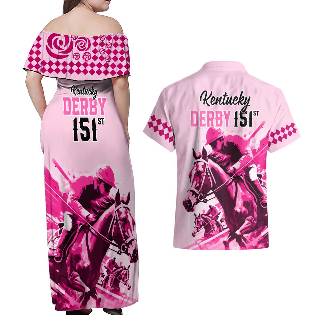 Kentucky Horse Racing Couples Matching Off Shoulder Maxi Dress and Hawaiian Shirt 151st Anniversary Sporting Art Pink Version LT9