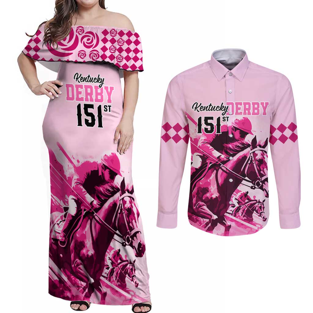 Kentucky Horse Racing Couples Matching Off Shoulder Maxi Dress and Long Sleeve Button Shirts 151st Anniversary Sporting Art Pink Version LT9
