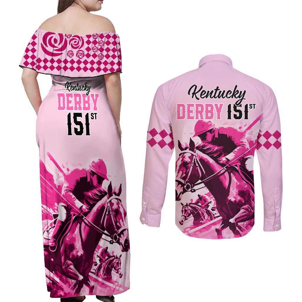 Kentucky Horse Racing Couples Matching Off Shoulder Maxi Dress and Long Sleeve Button Shirts 151st Anniversary Sporting Art Pink Version LT9