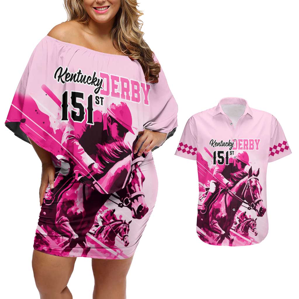 Kentucky Horse Racing Couples Matching Off Shoulder Short Dress and Hawaiian Shirt 151st Anniversary Sporting Art Pink Version LT9