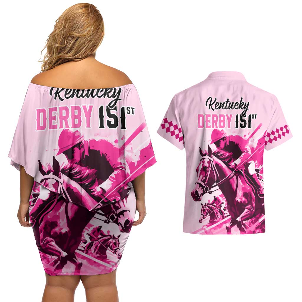 Kentucky Horse Racing Couples Matching Off Shoulder Short Dress and Hawaiian Shirt 151st Anniversary Sporting Art Pink Version LT9