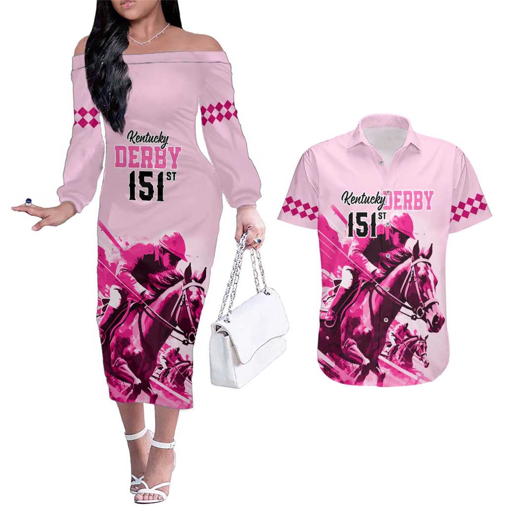Kentucky Horse Racing Couples Matching Off The Shoulder Long Sleeve Dress and Hawaiian Shirt 151st Anniversary Sporting Art Pink Version LT9