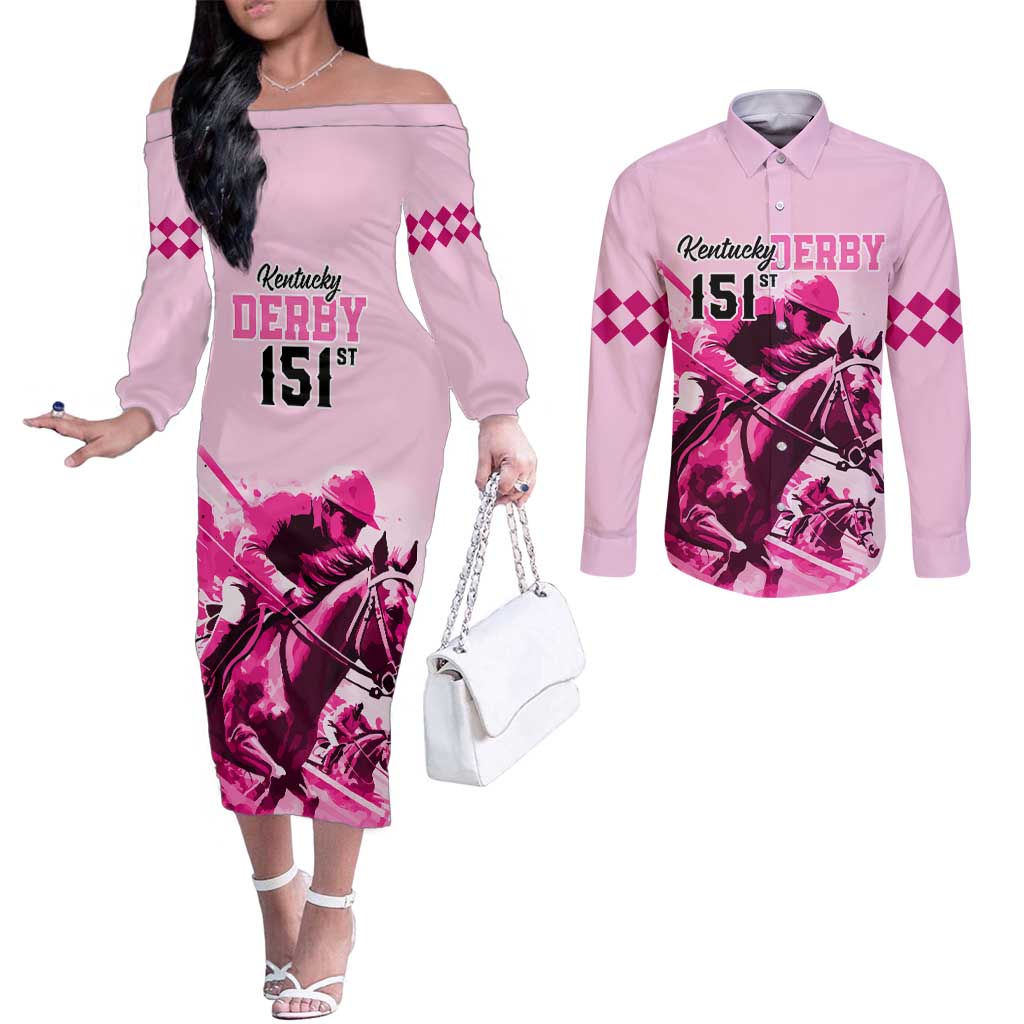 Kentucky Horse Racing Couples Matching Off The Shoulder Long Sleeve Dress and Long Sleeve Button Shirts 151st Anniversary Sporting Art Pink Version LT9