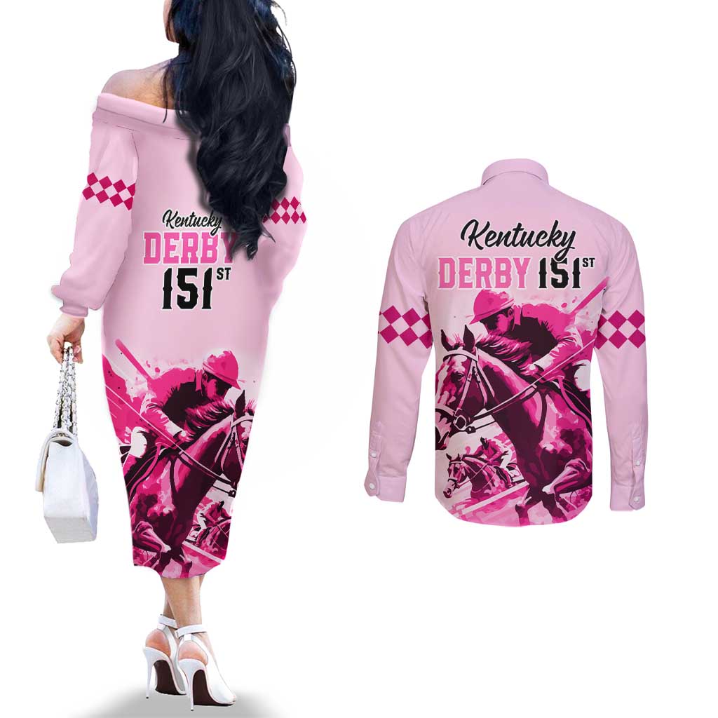 Kentucky Horse Racing Couples Matching Off The Shoulder Long Sleeve Dress and Long Sleeve Button Shirts 151st Anniversary Sporting Art Pink Version LT9