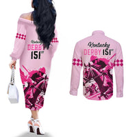 Kentucky Horse Racing Couples Matching Off The Shoulder Long Sleeve Dress and Long Sleeve Button Shirts 151st Anniversary Sporting Art Pink Version LT9