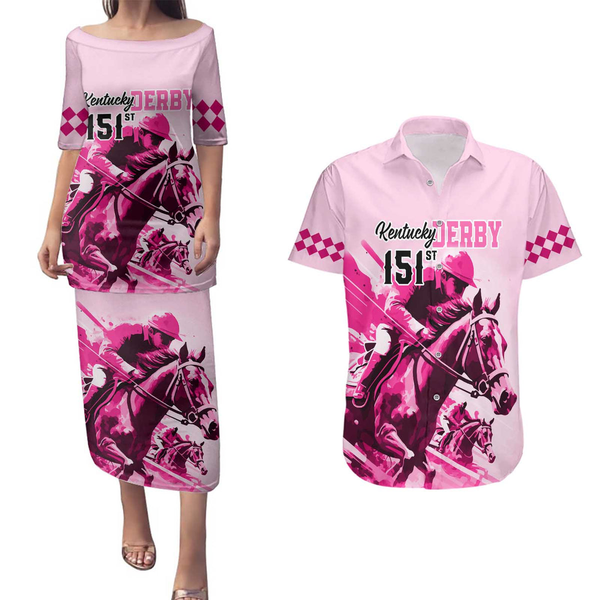 Kentucky Horse Racing Couples Matching Puletasi Dress and Hawaiian Shirt 151st Anniversary Sporting Art Pink Version LT9