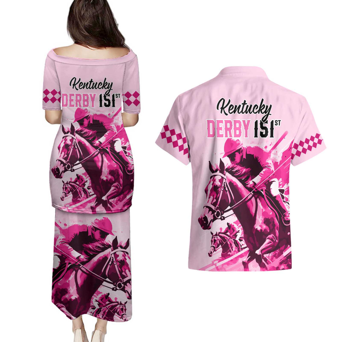 Kentucky Horse Racing Couples Matching Puletasi Dress and Hawaiian Shirt 151st Anniversary Sporting Art Pink Version LT9