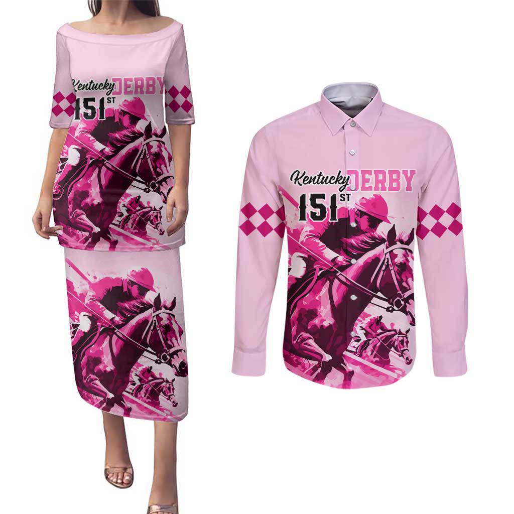Kentucky Horse Racing Couples Matching Puletasi Dress and Long Sleeve Button Shirts 151st Anniversary Sporting Art Pink Version LT9