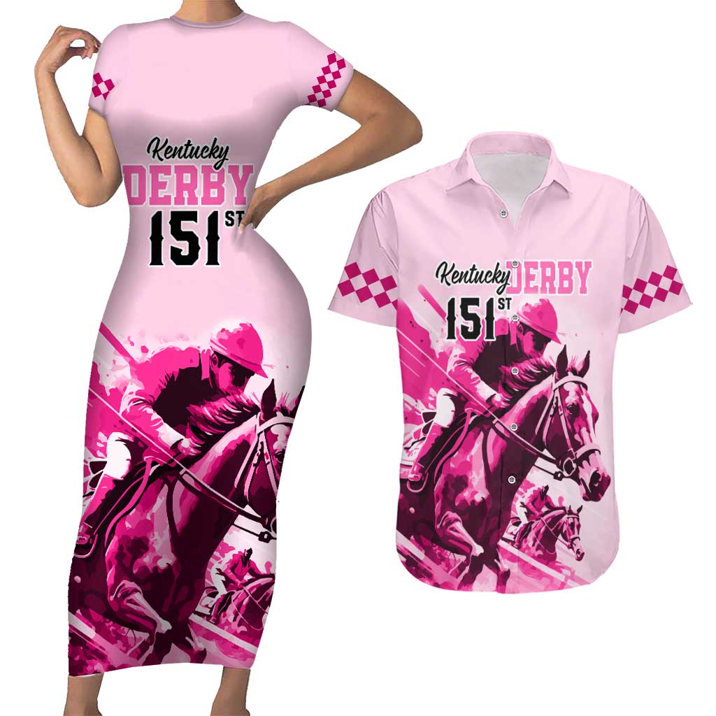 Kentucky Horse Racing Couples Matching Short Sleeve Bodycon Dress and Hawaiian Shirt 151st Anniversary Sporting Art Pink Version LT9