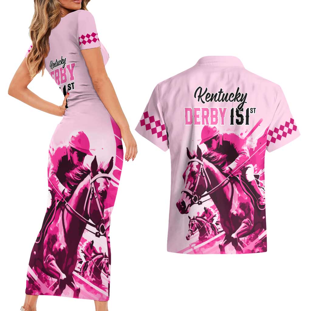 Kentucky Horse Racing Couples Matching Short Sleeve Bodycon Dress and Hawaiian Shirt 151st Anniversary Sporting Art Pink Version LT9