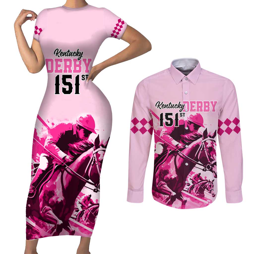 Kentucky Horse Racing Couples Matching Short Sleeve Bodycon Dress and Long Sleeve Button Shirts 151st Anniversary Sporting Art Pink Version LT9