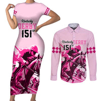 Kentucky Horse Racing Couples Matching Short Sleeve Bodycon Dress and Long Sleeve Button Shirts 151st Anniversary Sporting Art Pink Version LT9