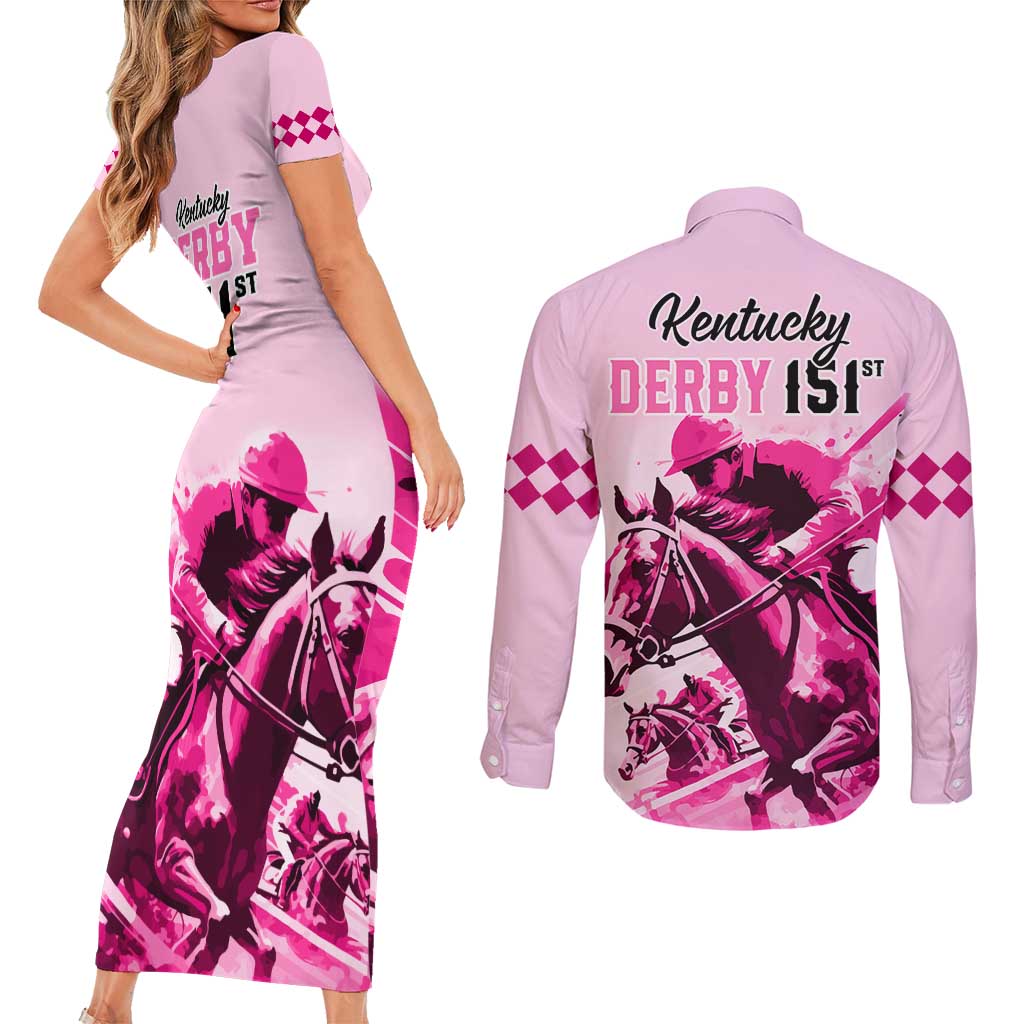 Kentucky Horse Racing Couples Matching Short Sleeve Bodycon Dress and Long Sleeve Button Shirts 151st Anniversary Sporting Art Pink Version LT9