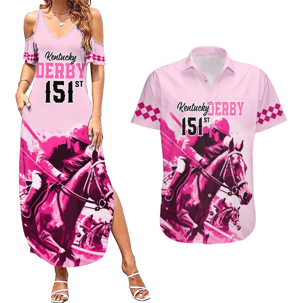 Kentucky Horse Racing Couples Matching Summer Maxi Dress and Hawaiian Shirt 151st Anniversary Sporting Art Pink Version LT9