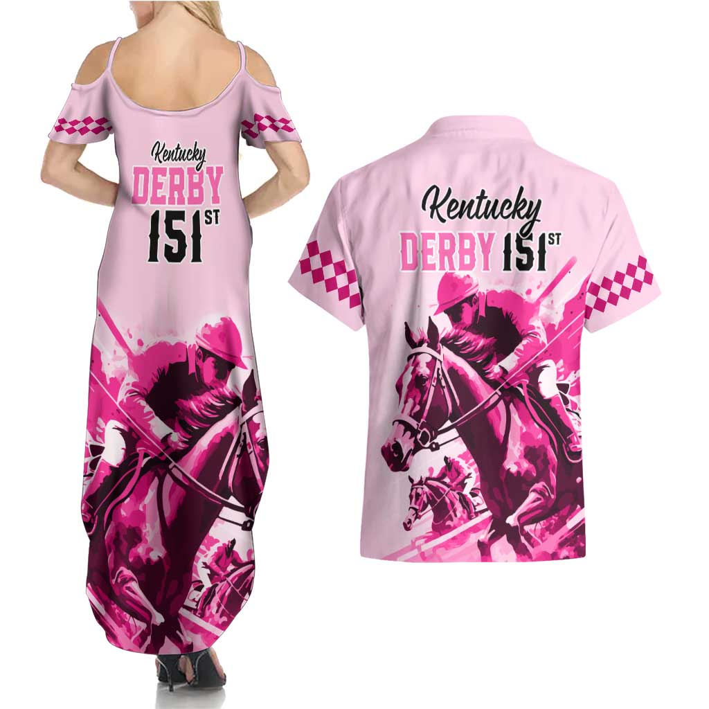 Kentucky Horse Racing Couples Matching Summer Maxi Dress and Hawaiian Shirt 151st Anniversary Sporting Art Pink Version LT9