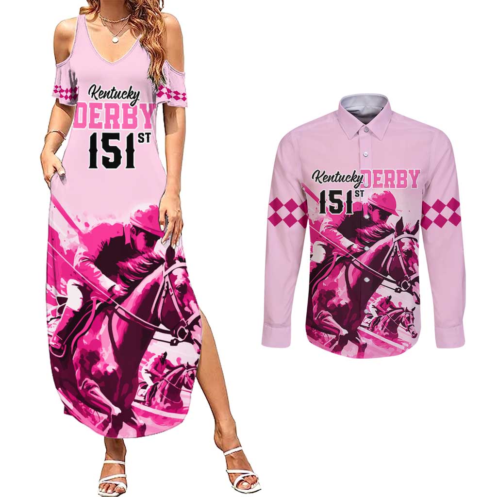 Kentucky Horse Racing Couples Matching Summer Maxi Dress and Long Sleeve Button Shirts 151st Anniversary Sporting Art Pink Version LT9